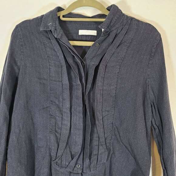 Sibel Saral Cotton Long Sleeve Button Pleated Front Hi-Low Blouse Dark Blue S - Picture 2 of 8